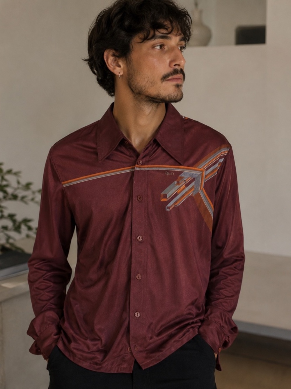 Vintage Roland by Roland Kosser Disco Graphic Shirt Burgundy SIZE MEDIUM 15.5